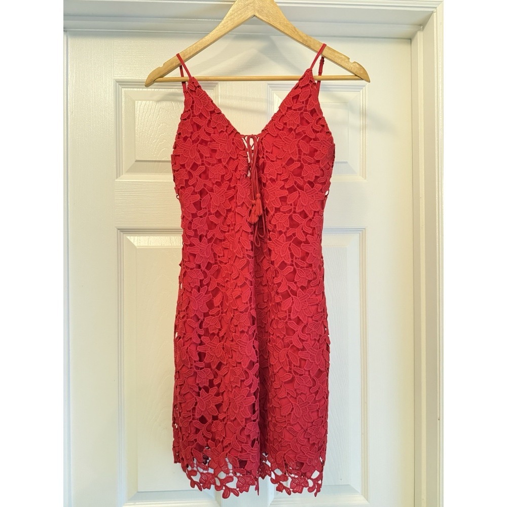 TJD Lace Mini Dress Women Small Red Floral Guipure Lace-Up J1161071